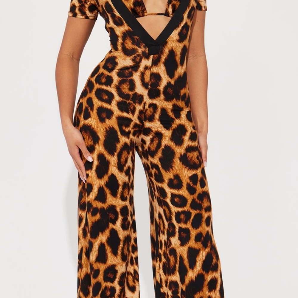Brown and Black Leopard Print Jumpsuit with Wide-Leg Silhouette